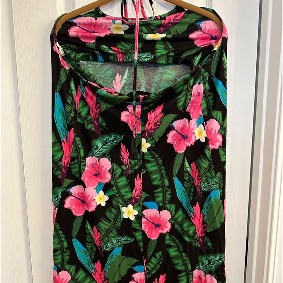 Colleen Lopez Halter Dress Vibrant Hibiscus Rayon Spandex Knee Length Large - Picture 3 of 13